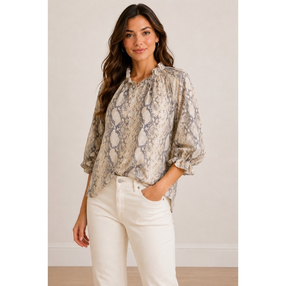 Entro Snakeskin Print Ruffle Neck Balloon Sleeve Blouse Neutral Boho Small